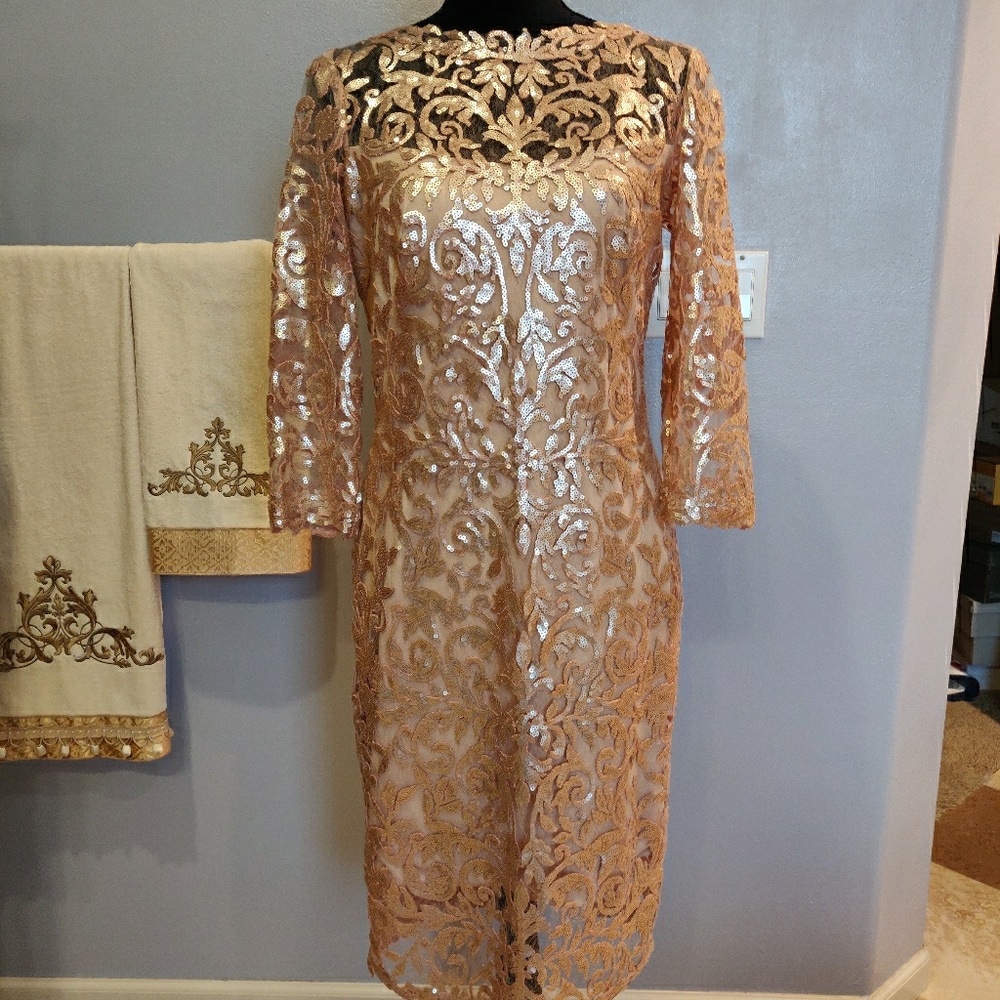 Tadashi Shoji gold sequin cocktail dress 8 M